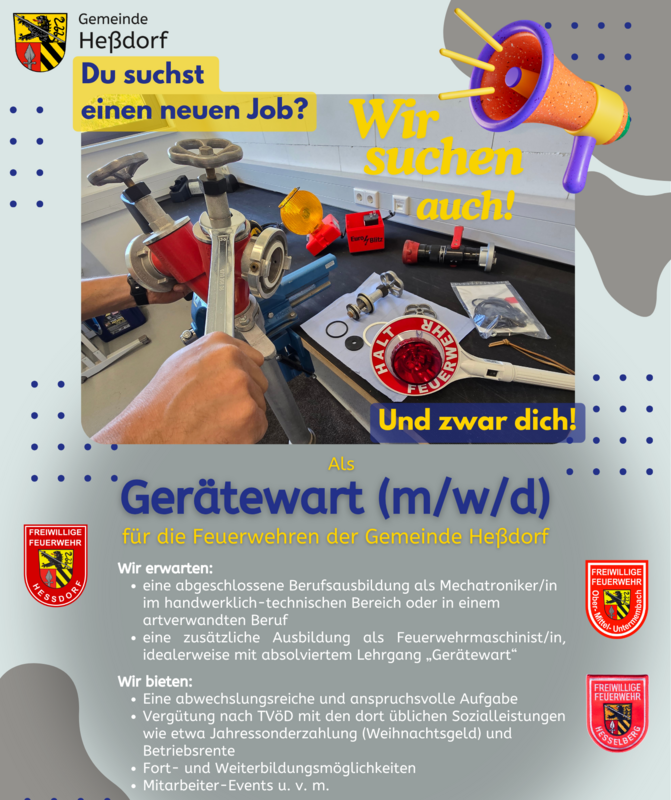 Stellenausschreibung Gerätewart FFW – Die Gemeinde Heßdorf sucht zum nächstmöglichen Zeitpunkt einen Gerätewart für die gemeindlichen Feuerwehren in Vollzeit. Die Stelle ist unbefristet.